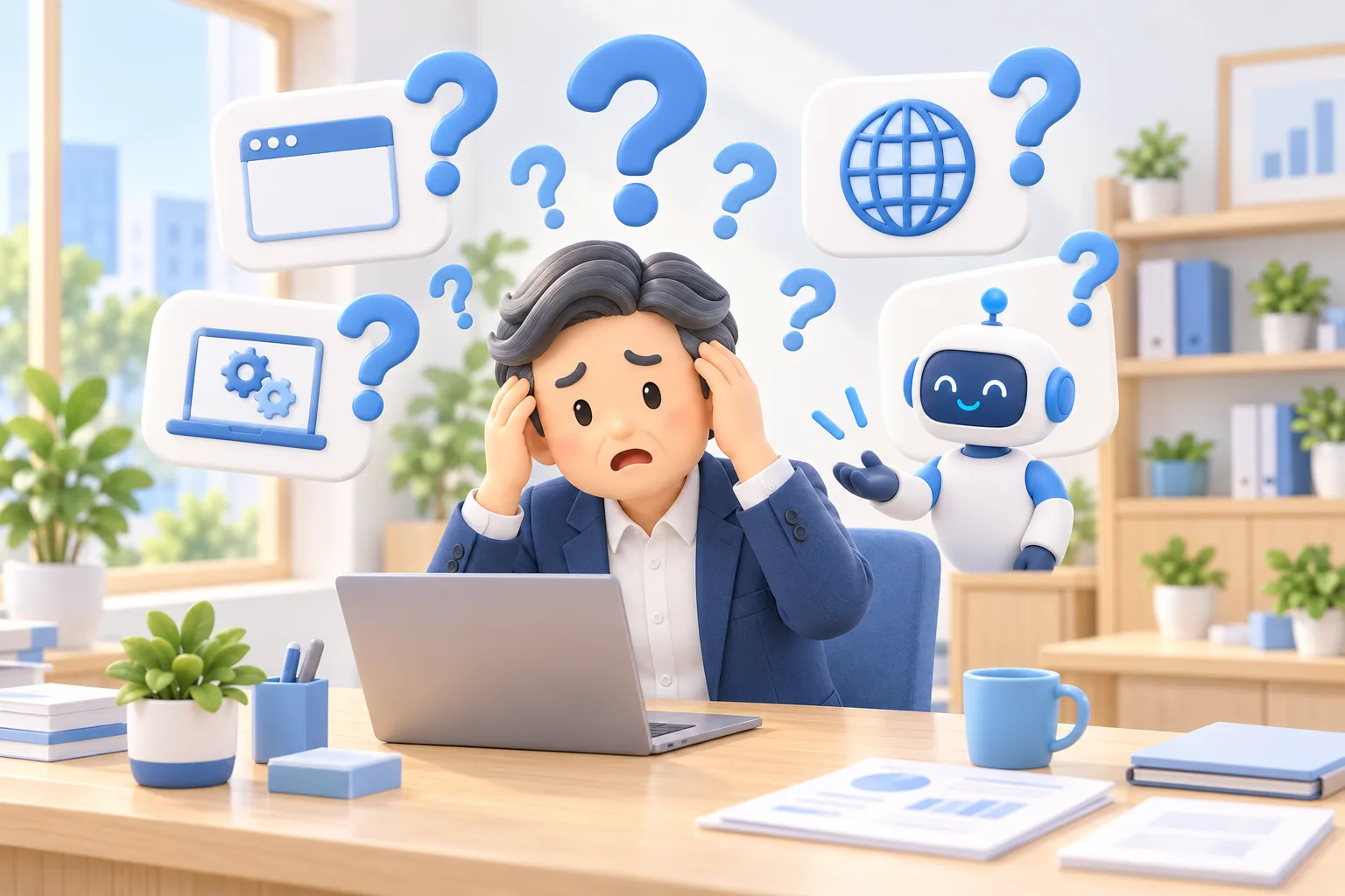 Web、インターネット、DX、AIと、分からないことだらけで頭を抱える経営者の3Dイラスト