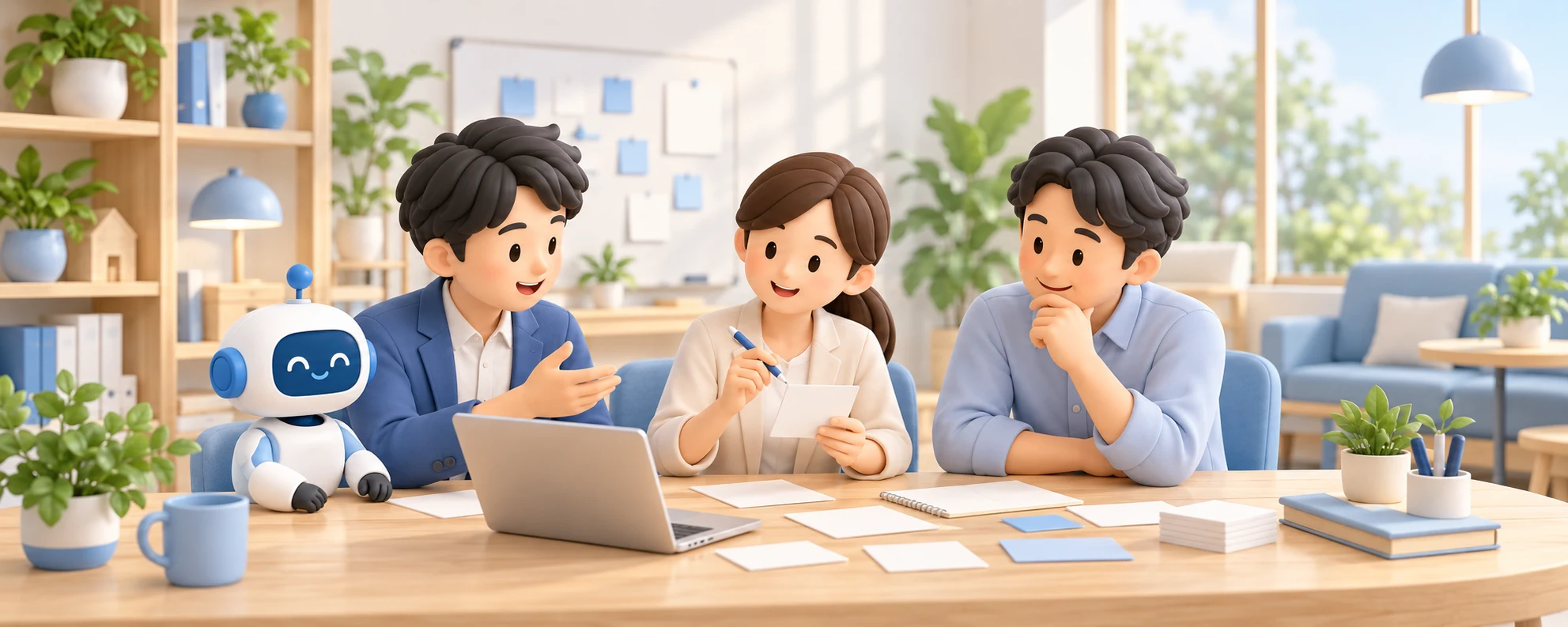経営者・営業担当者・相談担当者が同じテーブルで仕事の進め方を考える3Dイラスト