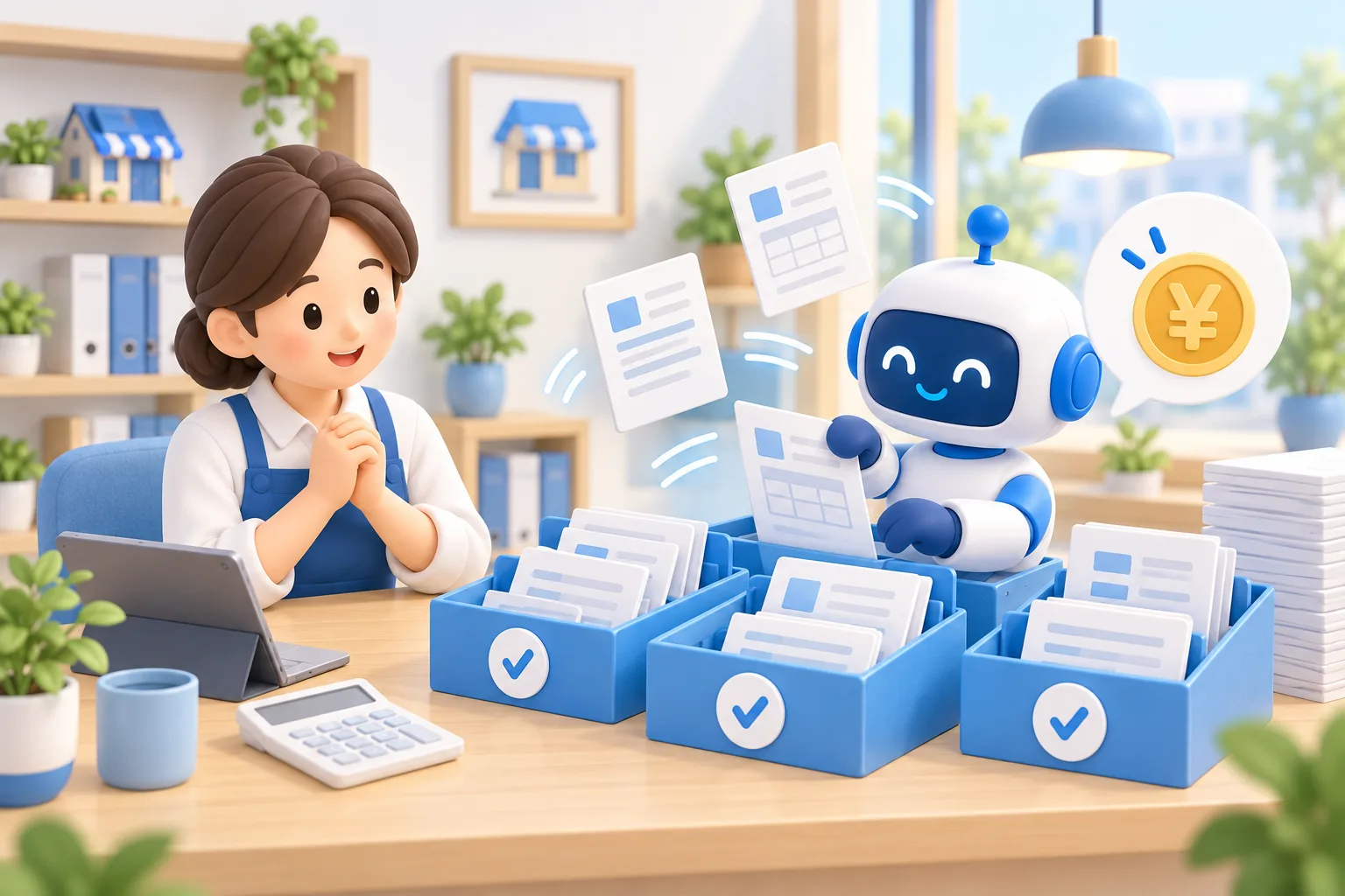 AIアシスタントが請求書や見積書を仕分け、スタッフが落ち着いて事務を進める3Dイラスト