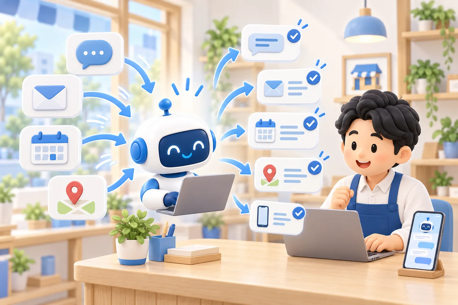 さまざまなプラットフォームから届く問い合わせに、AIアシスタントが自動で返信する3Dイラスト