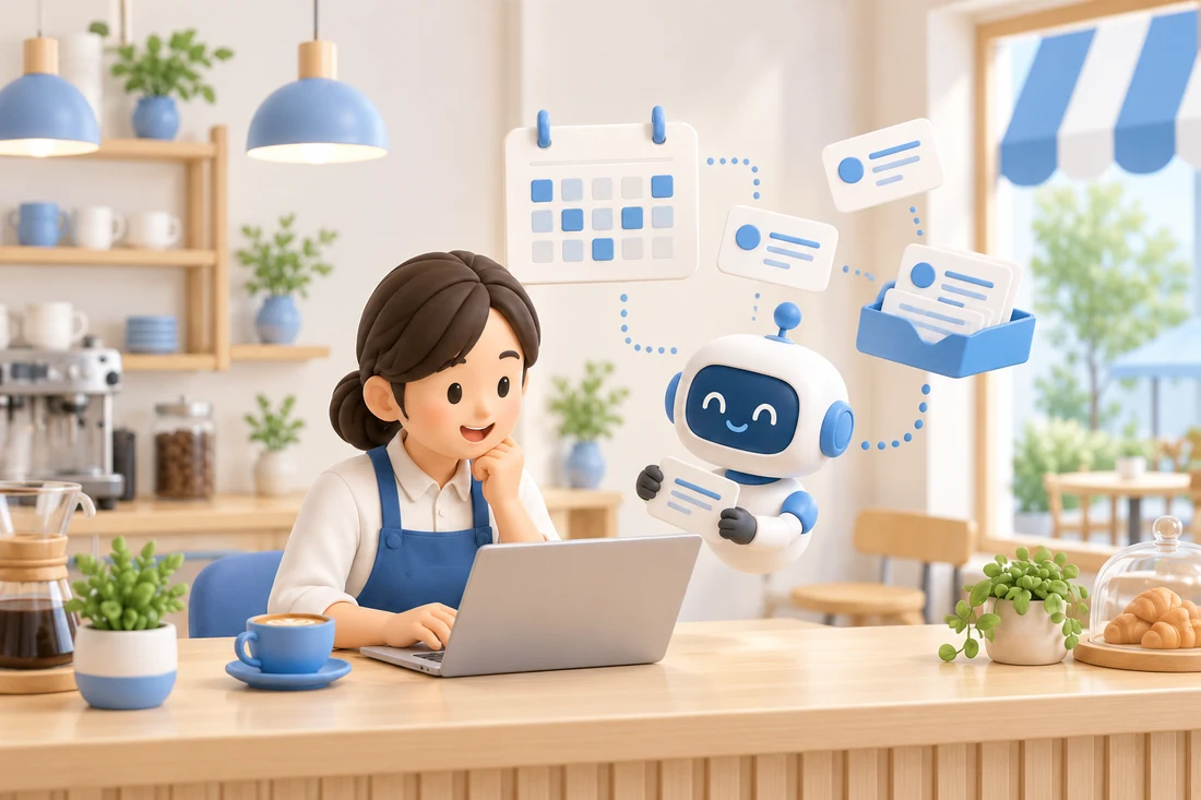 AIに日々の仕事を手伝ってもらうカフェオーナーの3Dイラスト