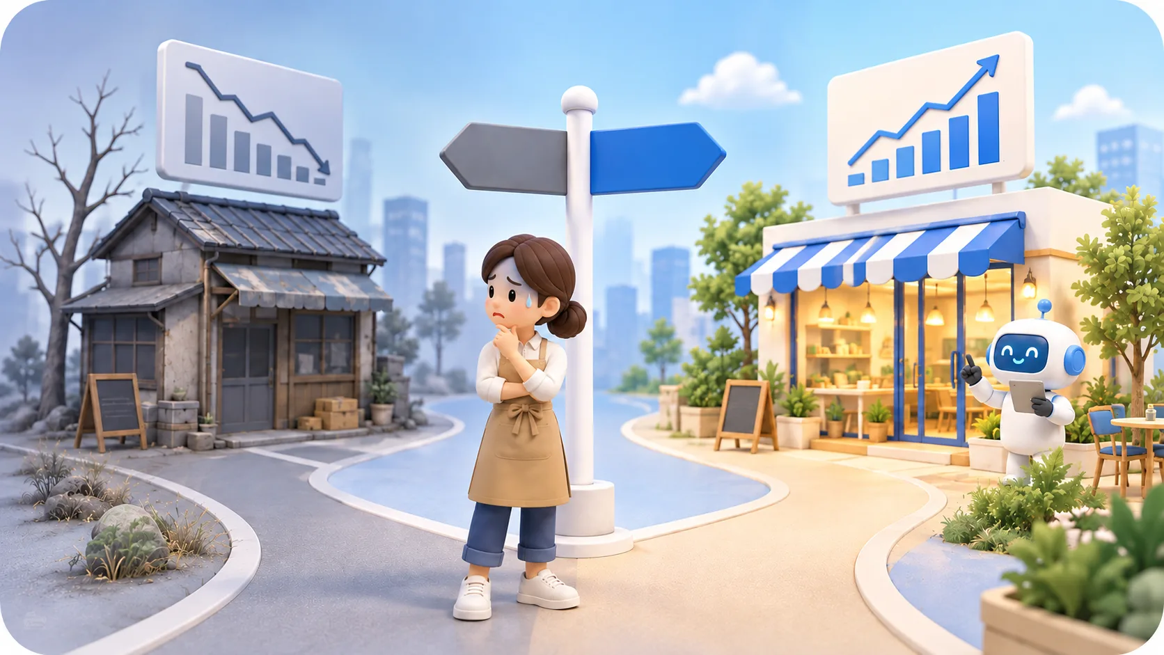 AIを活用してにぎわう店と、さびれていく店。分かれ道の前で考える店主の3Dイラスト