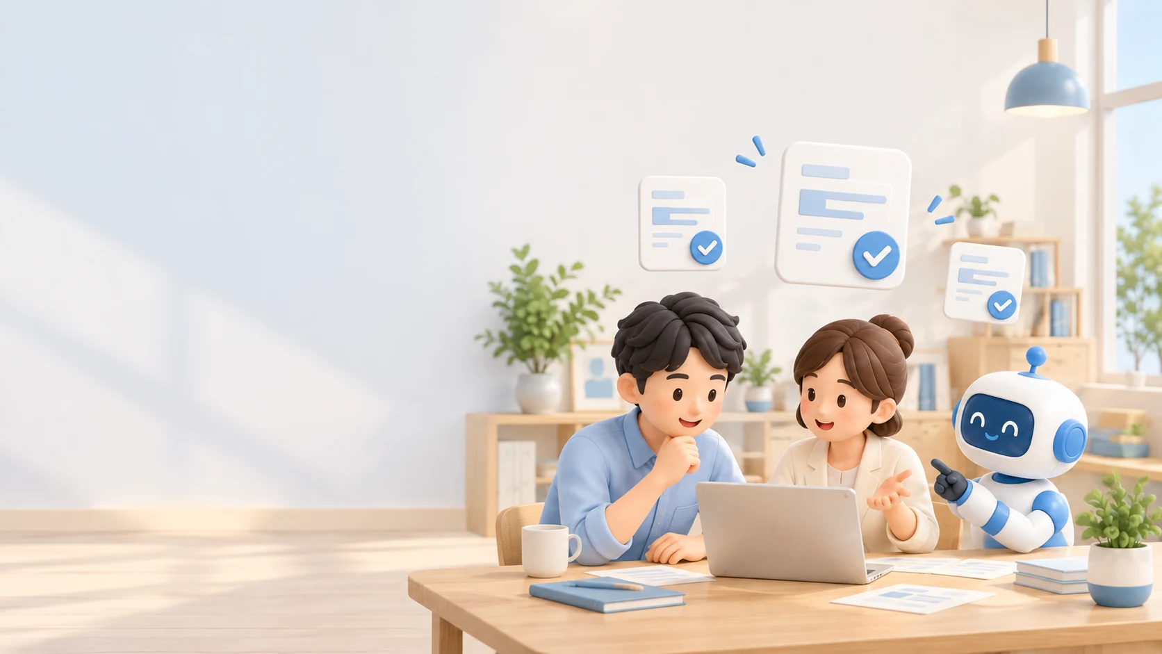 営業担当者と経営者がAIアシスタントと一緒に仕事を考える、やわらかな3Dイラスト