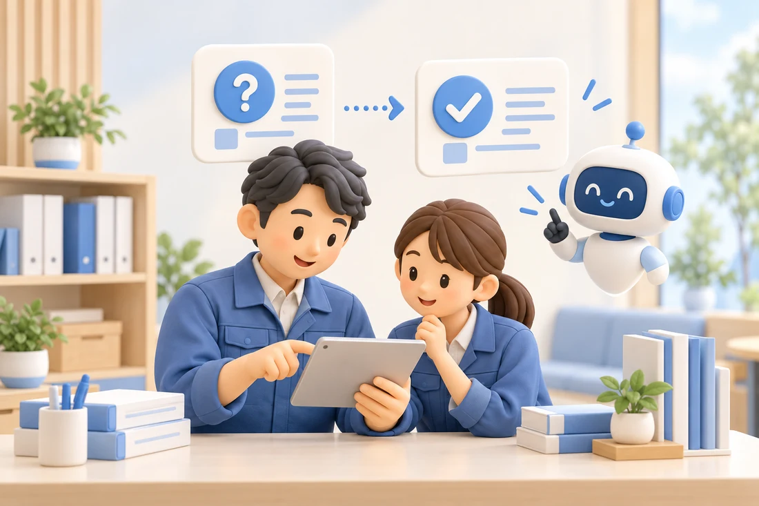 AIを使って社内の知識を共有する二人のスタッフの3Dイラスト