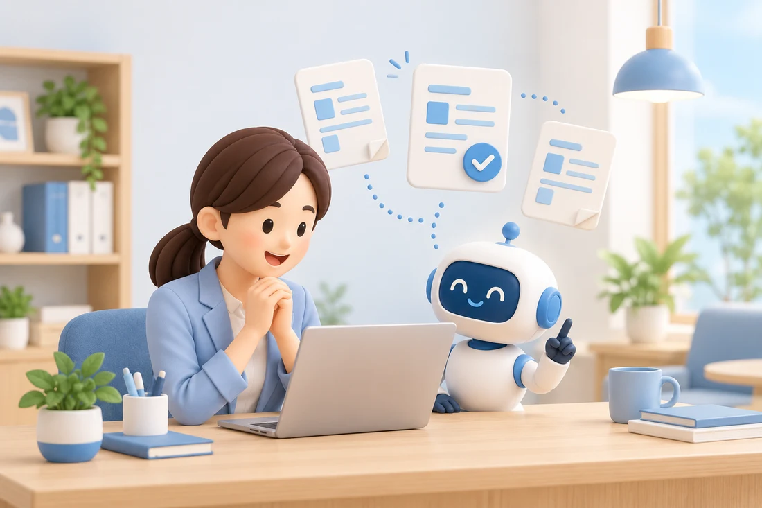 AIアシスタントと提案資料を準備する営業担当者の3Dイラスト