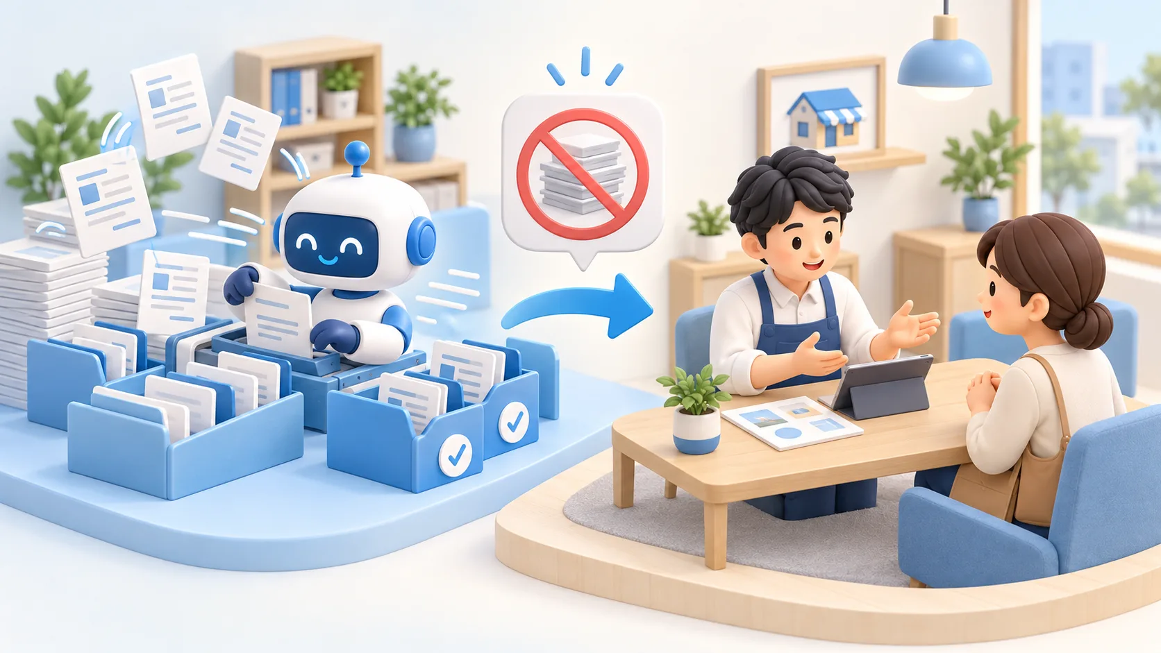 AIが書類の仕分けを引き受け、スタッフがお客様との対話に時間を使えるようになった様子の3Dイラスト
