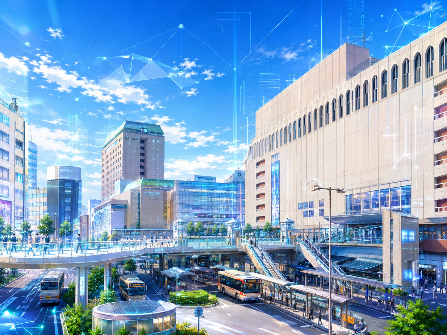 八王子市の街並みとデジタルネットワークのイメージ
