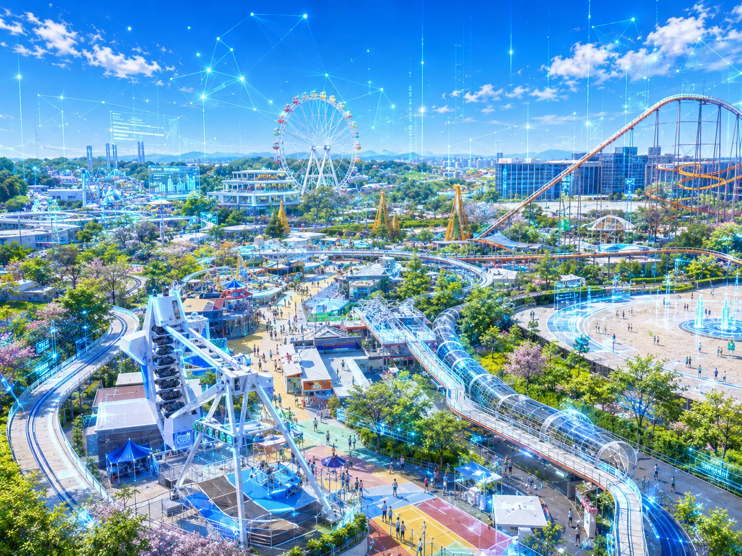 稲城市の街並みとデジタルネットワークのイメージ