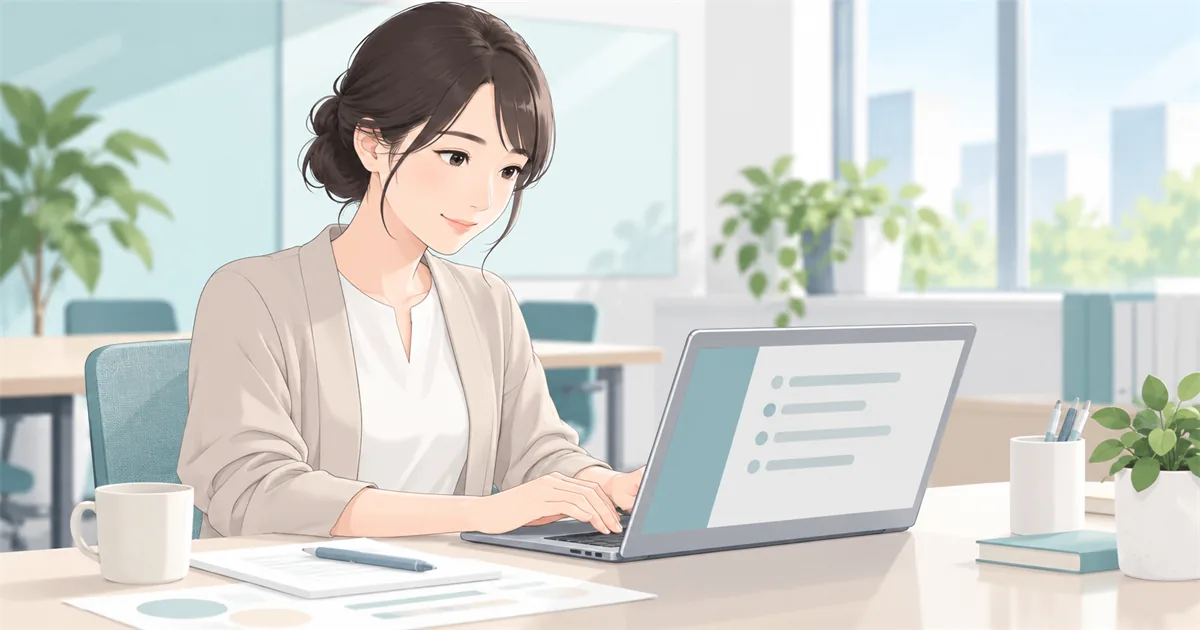 会議のあとにノートパソコンで議事録を整理する日本人の女性スタッフ