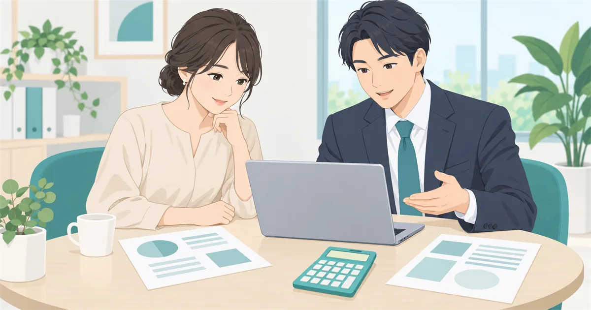 経営者と相談員が、ノートパソコンと電卓を見ながら費用感を話し合う様子