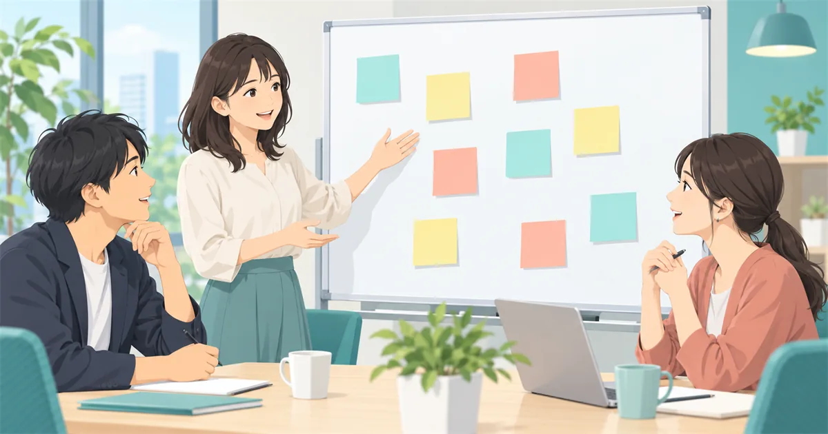 付箋を貼ったホワイトボードの前で、つまずきを振り返って話し合うチーム