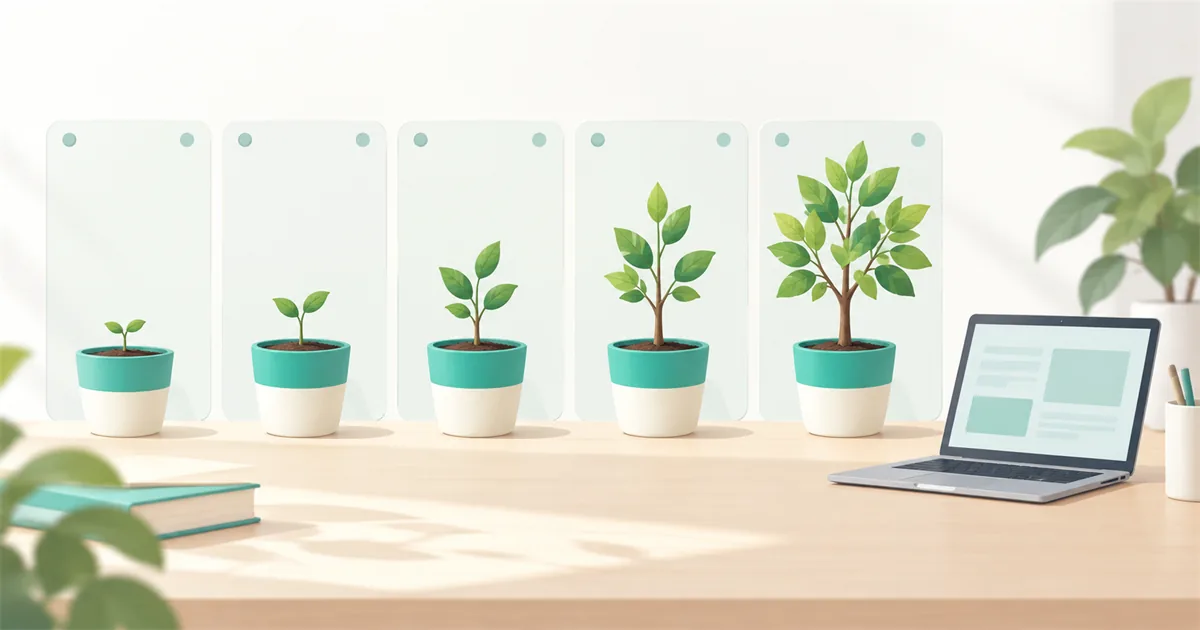 月ごとに少しずつ育つ5つの鉢植えと、ノートパソコン