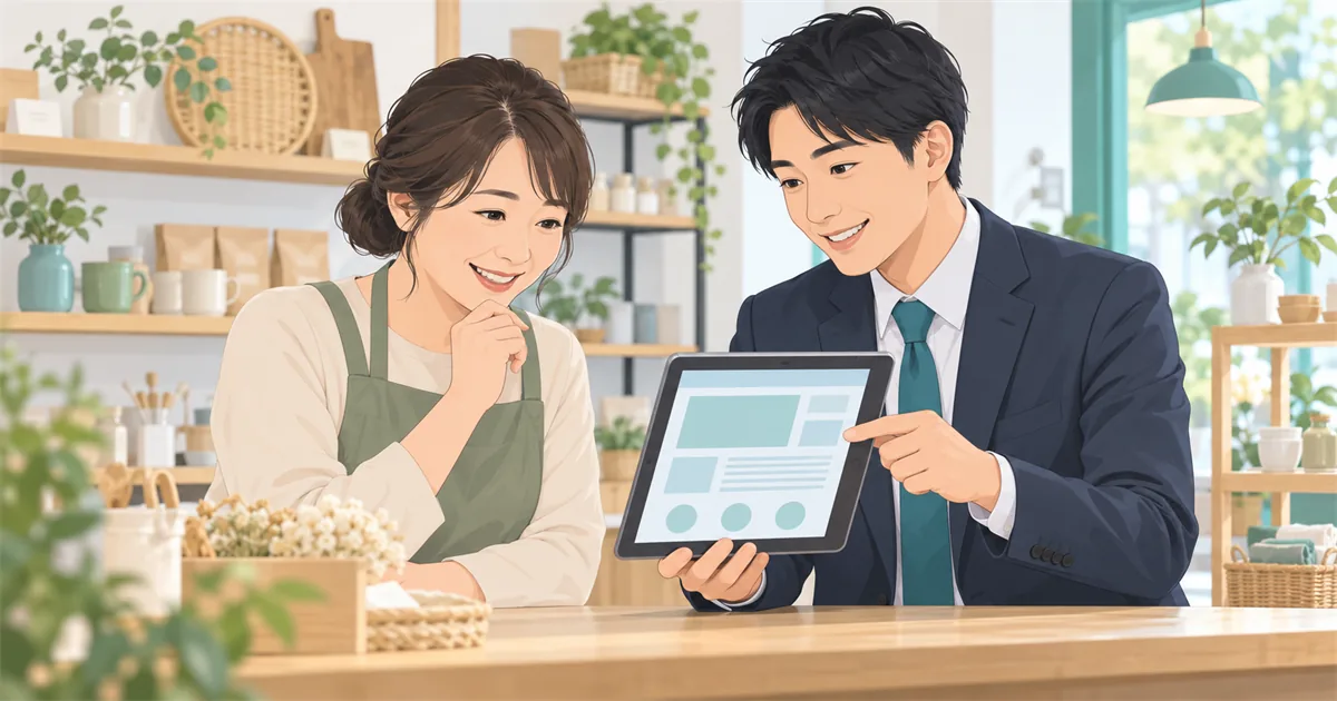 小さなお店の店主がタブレットでホームページを確認し、サポート担当が説明している様子