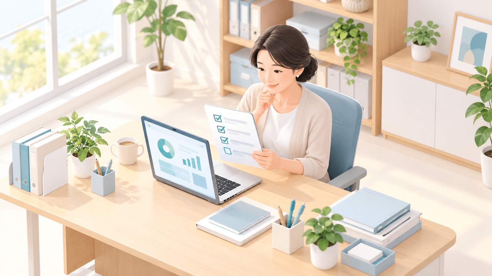 中小企業の経営者がチェックリストを手に、ノートパソコンのダッシュボードを確認しているイラスト