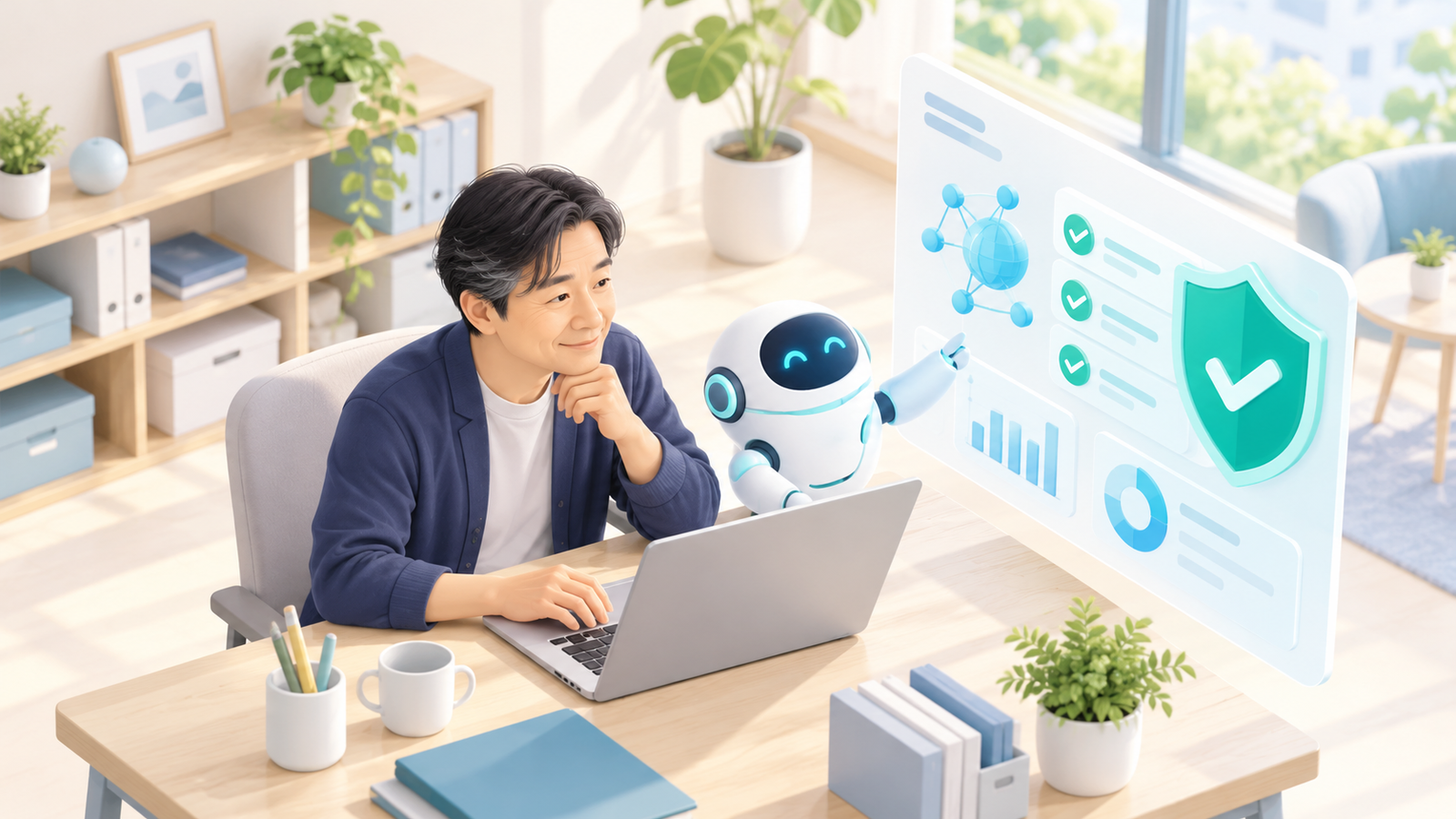 AIが盾のアイコンで中小企業の経営者を守るように、点検やチェックを手伝っているイラスト