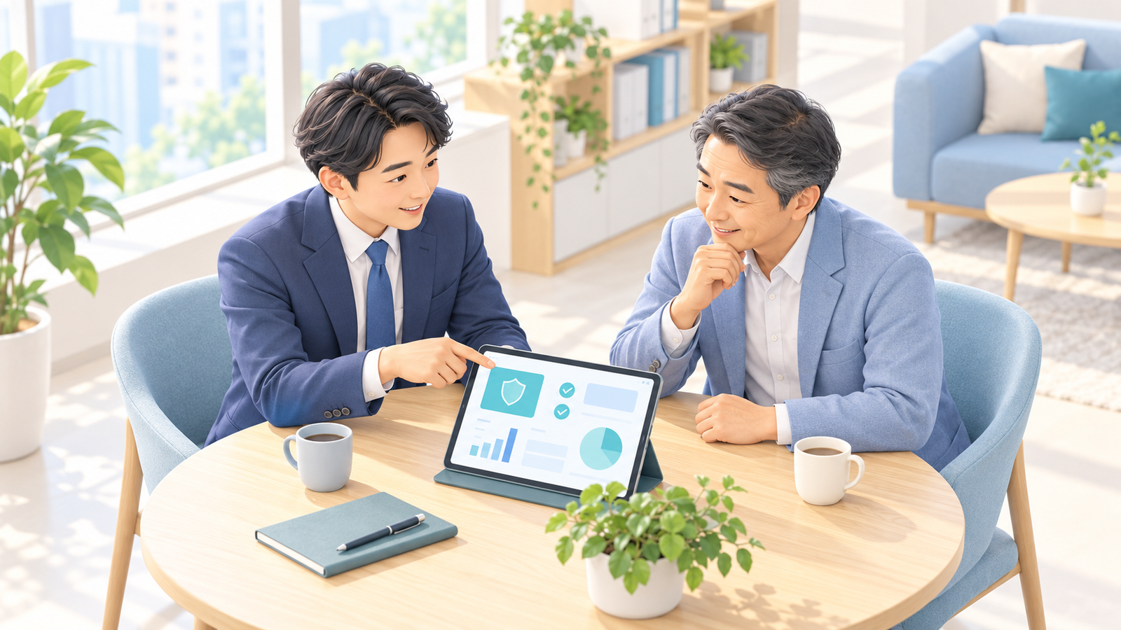 テラデザインのコンサルタントと中小企業の経営者が、タブレットを見ながら相談しているイラスト