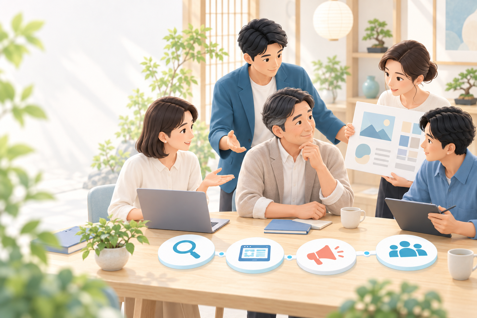 代表プロデューサーと専門チームが経営者の新規事業を支援するイラスト