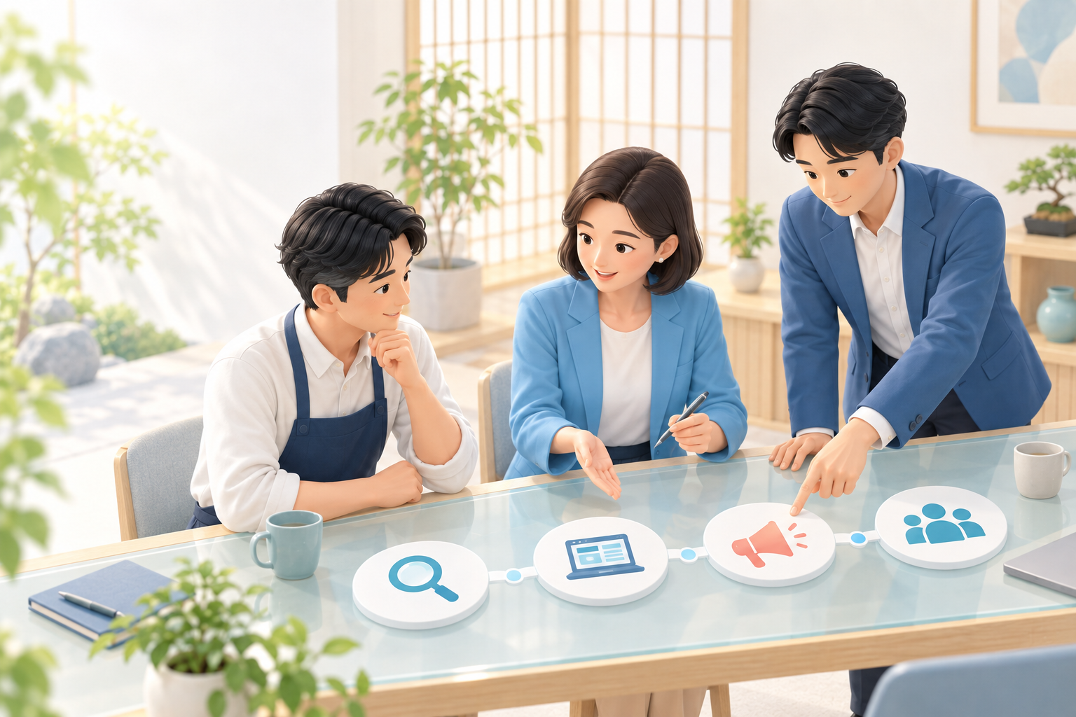 リサーチからWeb・SNS・採用支援までの事業ロードマップを一緒に検討するイラスト